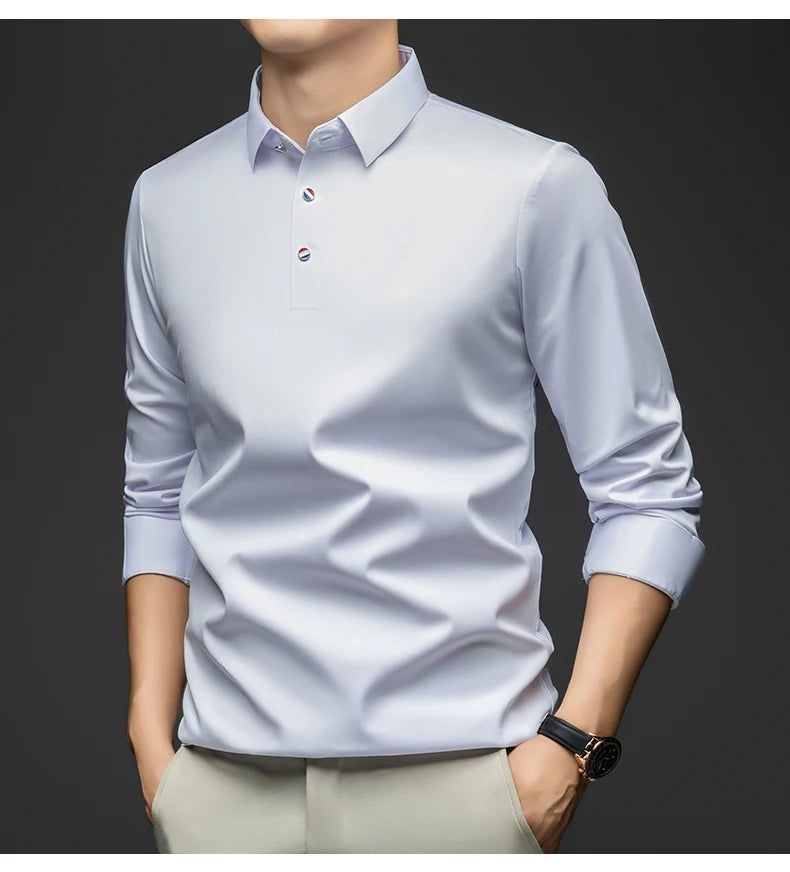 BROWON 2025 Spring Autumn Casual Work Tops Man Tshirt Long Sleeve Solid Color Soft Elegant Business Mulberry Silk T Shirt Man