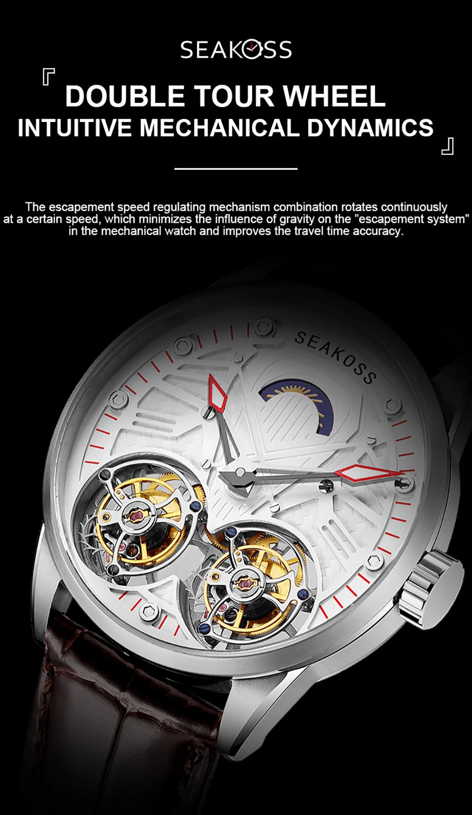 SEAKOSS Luxury Skeleton Men's Tourbillon Manual Mechanical Watches Double Tourbillon Luminous Hands Watch for Men Sapphire Glass
