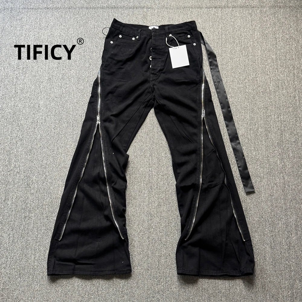 High Street RO Style Jeans Pants Men's Five Star Mang Ribbon Rotating Large Zipper Floor Pulling Horn Denim Streetwear Pants