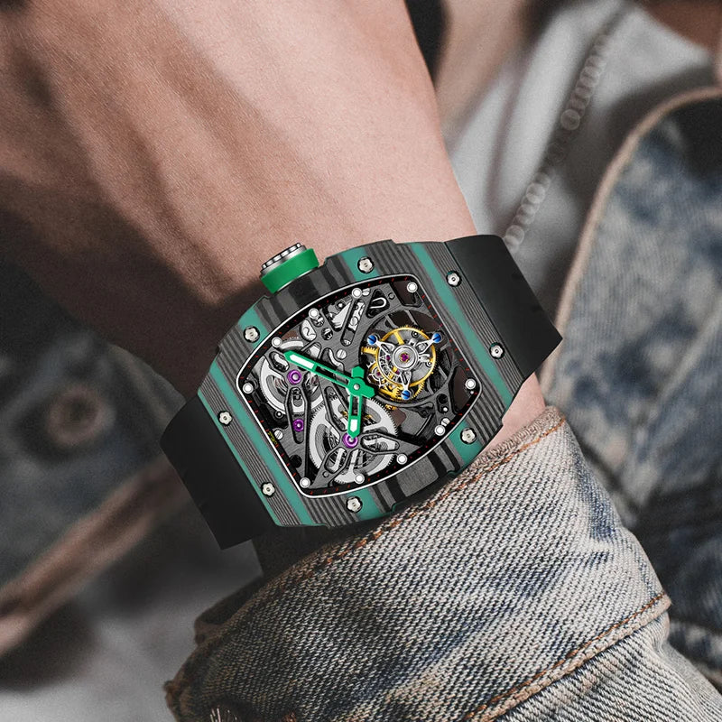 Haofa Automatic Tourbillon Watch Men Carbon Fiber Hollow Movement Luminous Sapphire Crystal Mechanical Man Watches Luxury 1901-1