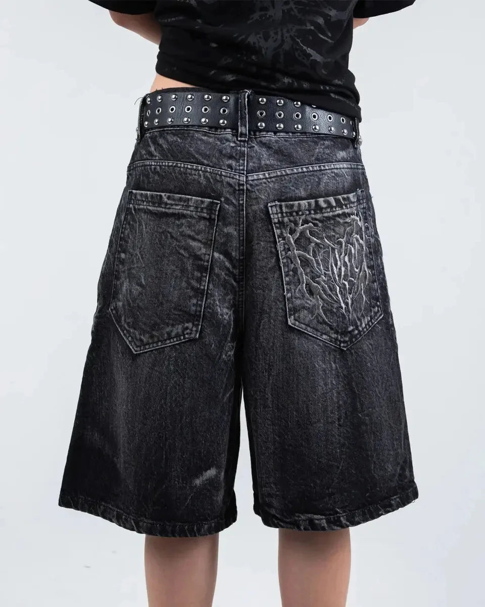 Goth Retro Men Baggy Unisex Short Pants Y2K Phantom Jeans High Street Spider Embroidered Patch Hip Hop Streetwear Straight Jeans