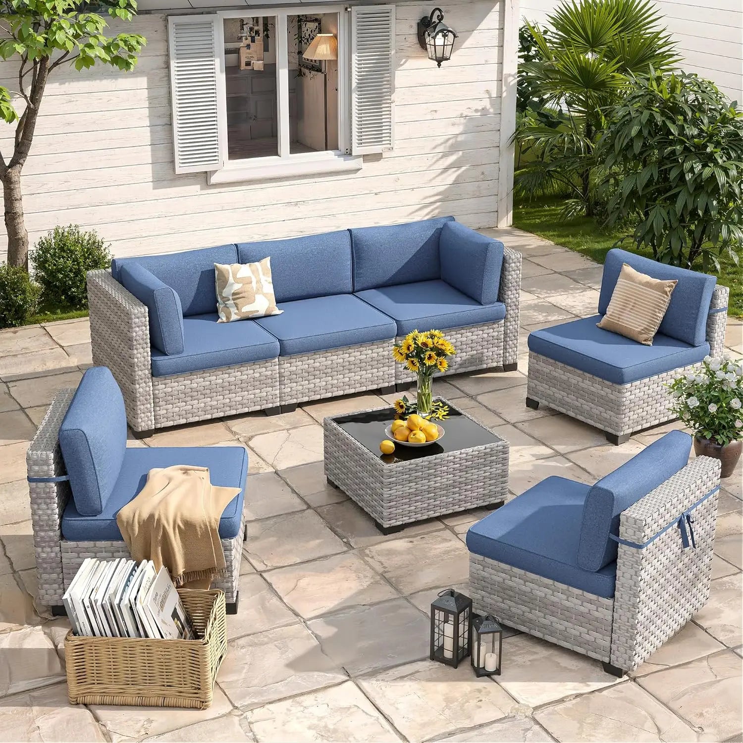 6-Seat Outdoor Wicker Sectional Sofa Set with Thick 4-Inch Cushions Dual-Strand PE Rattan Customizable Modular Patio Furniture