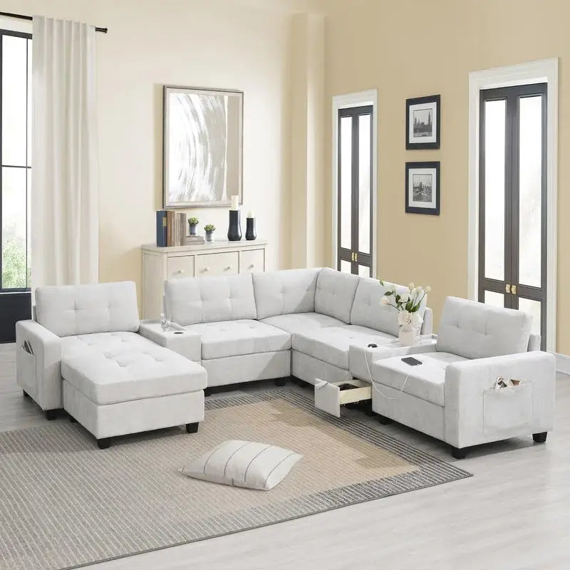 104" Sectional Sofa with Acrylic Tabletop, Chenille U-Shaped Couch Set, 2 Consoles, USB Charger, Storage Drawers, Pockets,