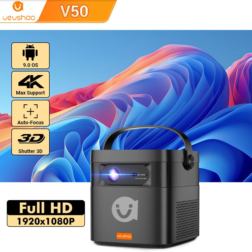VEVSHAO V50 400ANSI DLP Projector Airplay Miracast 15000mAh Battery Android 9.0 TOF Focus 3D Portable Outdoor Movie Projector