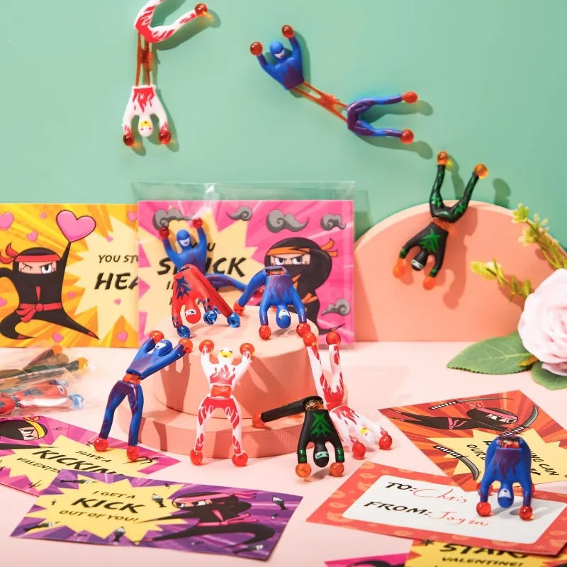 JOYFY 30 Pcs Valentines Day Sticky Wall Climbing Men Ninja with Gifts Cards Stress Relief Toys for Kids Valentines Party Favor