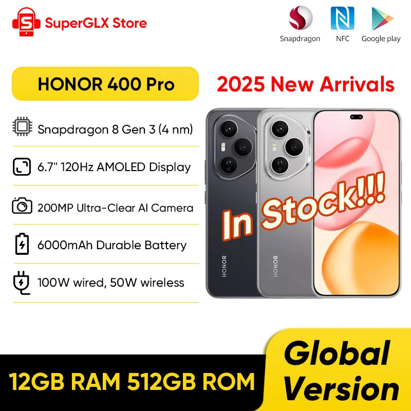 Original Global Version HONOR 400 Pro 5G Smartphone 200MP Camera Snapdragon 8 Gen 3 6.7'' AMOLED Screen 100W Wired 50W Wireless