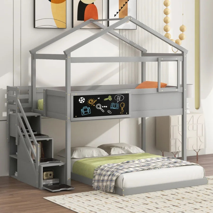 Twin over Full House Bunk Bed with Storage Staircase and Blackboard Gray Old SKU: GX001701AAE