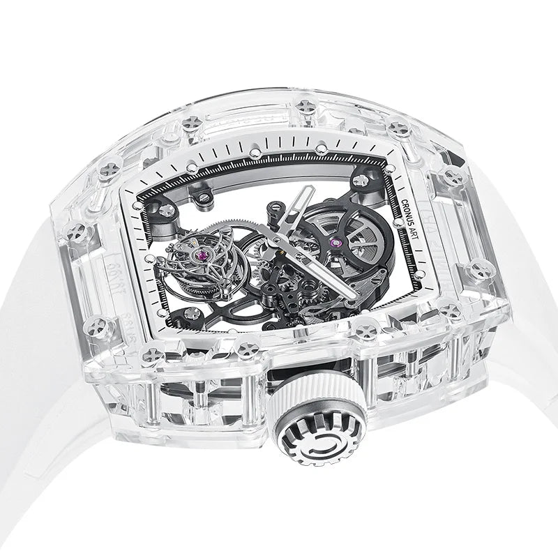 CRONUSART Men Tourbillon Watch Luxury Tonneau Automatic Mechanical Wristwatch Sapphire Case Luminous Fluororubber Strap Skeleton
