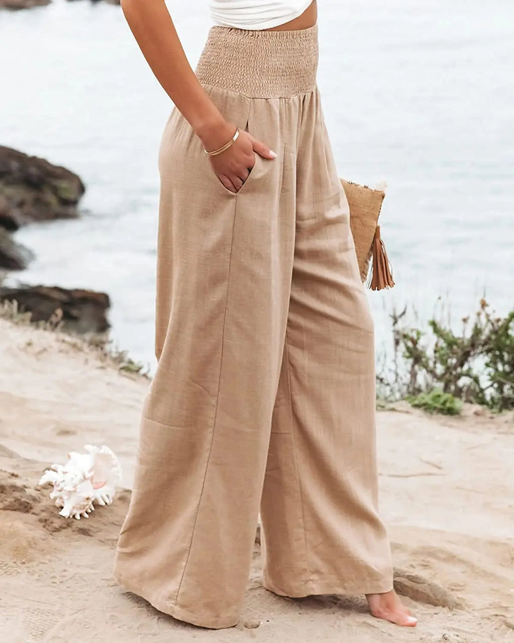 Women's casual pants with drawstring, mid waist, beach wide leg, spring and summer, European and American pants