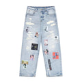 Retro distressed distressed portrait print straight leg jeans Washed Denim Pants For Men Women Joggers Trousers