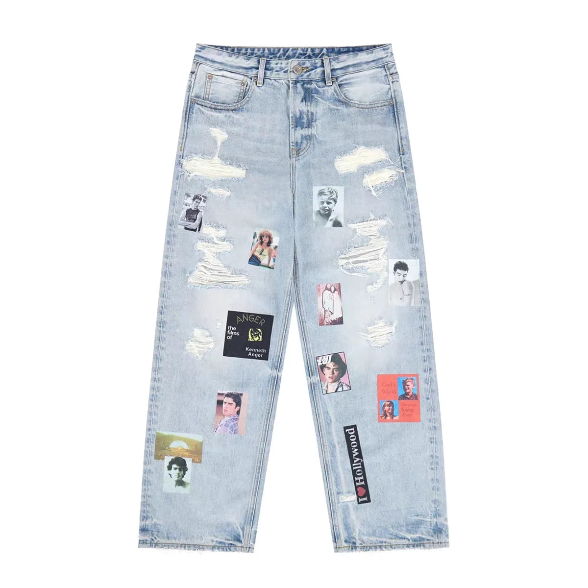 Retro distressed distressed portrait print straight leg jeans Washed Denim Pants For Men Women Joggers Trousers