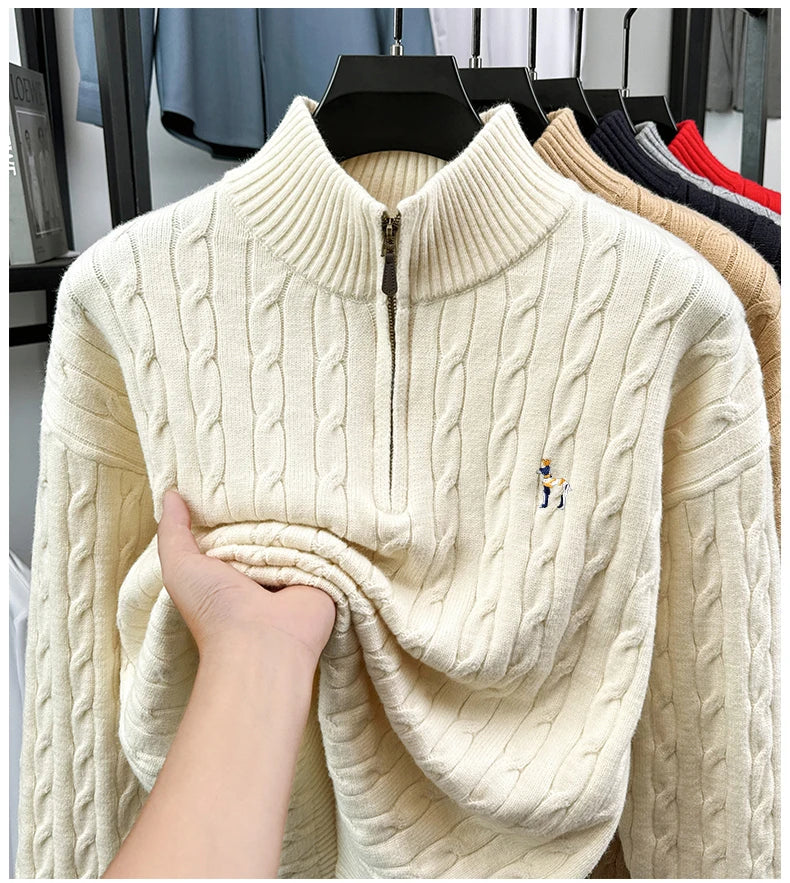 High end brand fashion jacquard sweater cartoon dog embroidery zipper semi high neck autumn winter warm men's knitted pullover