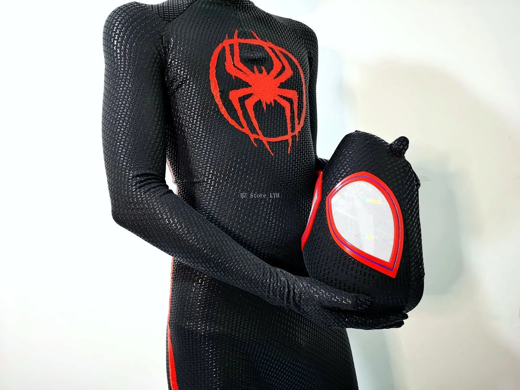 Miles Morales Spider-Man Jumpsuit & Mask Screen Printing 1:1 3D Handmade Customized Spiderman Suit Halloween Cos Costume Gift