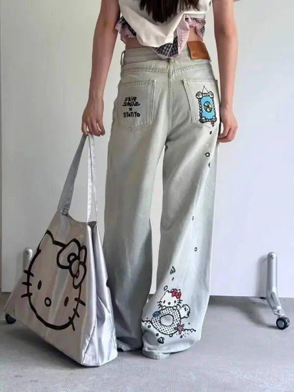 Kawaii Jeans Hello Kittys Ripped Wide-Leg Pants Cute Fashion Straight New Style Loose Comfortable Breathable Cartoon
