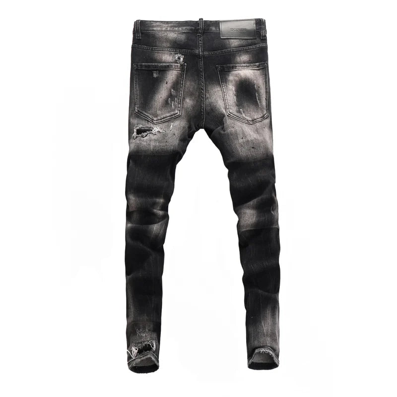 Street Fashion Men Jeans Retro Black Gray Elastic Stretch Slim Fit Hole Ripped Jeans Men Patched Designer Hip Hop Brand Pants