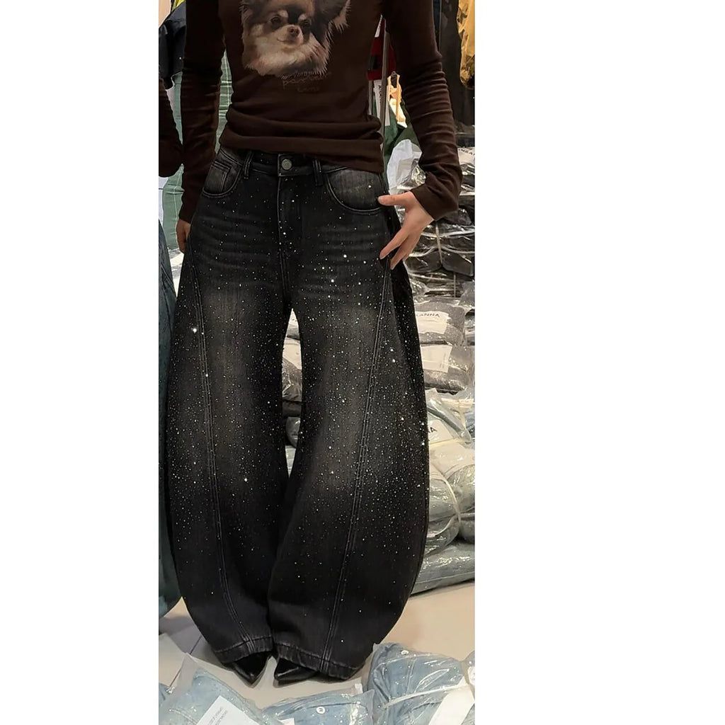 Glittering Rhinestone Denim Pants for Women's New Wide Leg Design Jeans Sensation Floor-Length Pants Loose Jeans