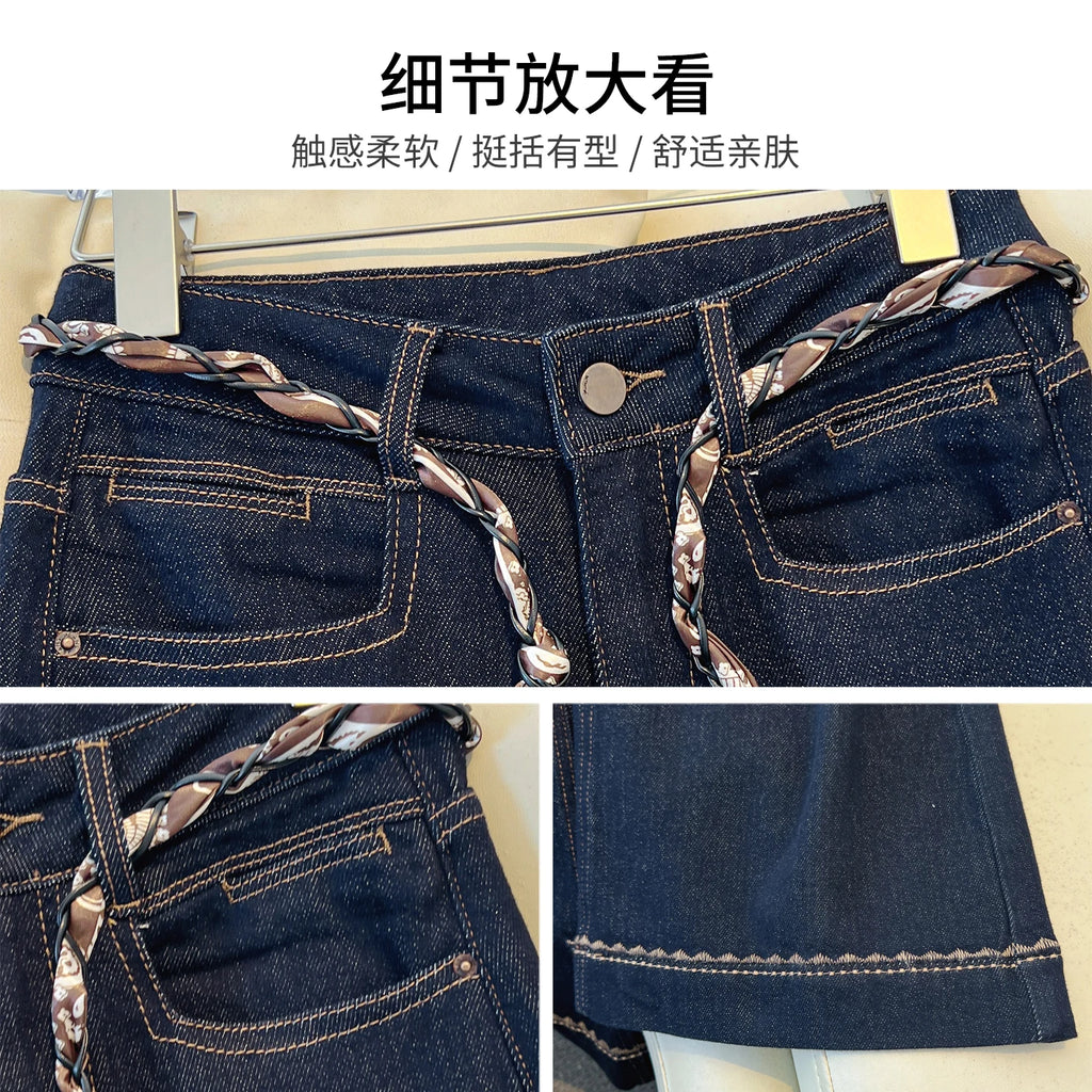 2025 Autumn New Denim Blue Wide Leg Women's Jeans Super Popular Pants with Silk Scarf Belt Fashion Straight Trousers