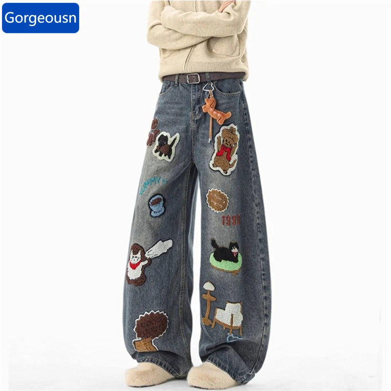 Hip Hop Cartoon Graffiti Graphic Appliques Baggy Jean Man Casual Embroidered Straight Wide-Leg Denim Pants Y2K Streetwear Jeans