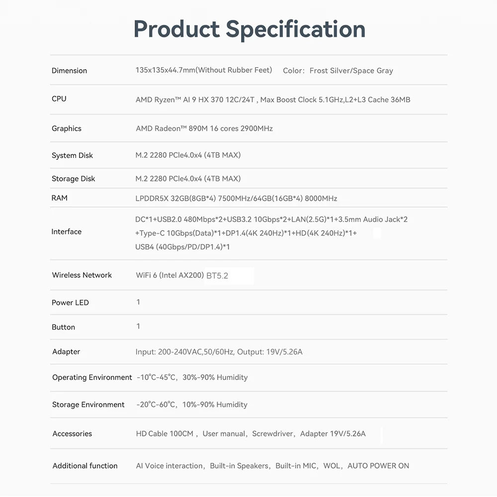 Beelink SER9 PRO AMD Ryzen AI 9 HX370 Powerful AI PC DDR5 Mini Gaming PC Windows 11 PRO NVME PCIe4.0 SSD Desktop Computer