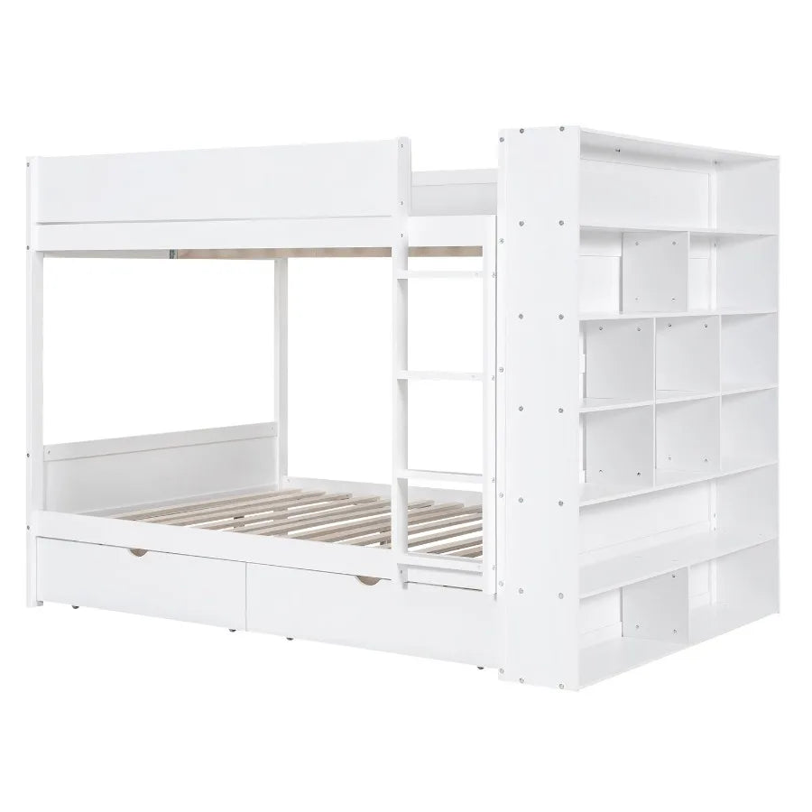 Full over Full Bunk Bed With 2 Drawers and Multi-layer Cabinet White