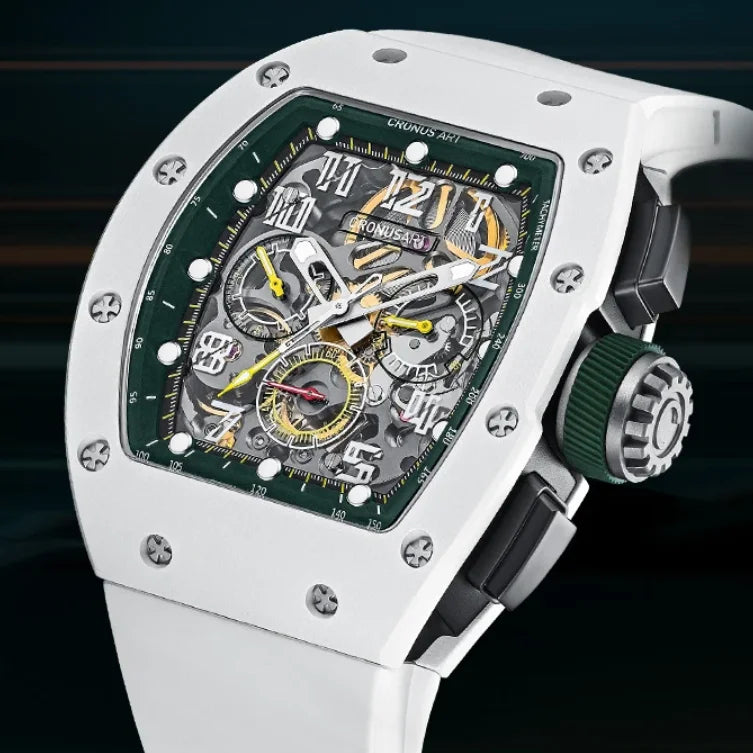 CRONUSART Men Chronograph Watch 50mm Tonneau Automatic Mechanical Wristwatch Sapphire Mirror Luminous Skeleton Dial FKM Strap