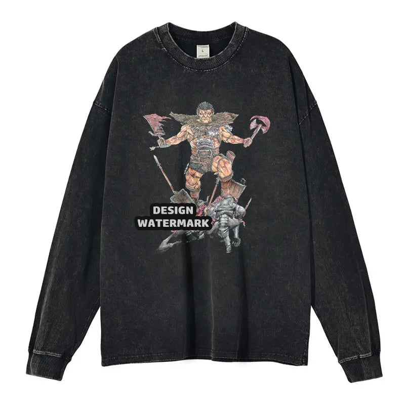 Anime Griffith Sweater Oversized Vintage Washed B -Berserk Long Sleeve T Shirt Manga Guts Pullover Zodd Sweatshirts 100% Cotton