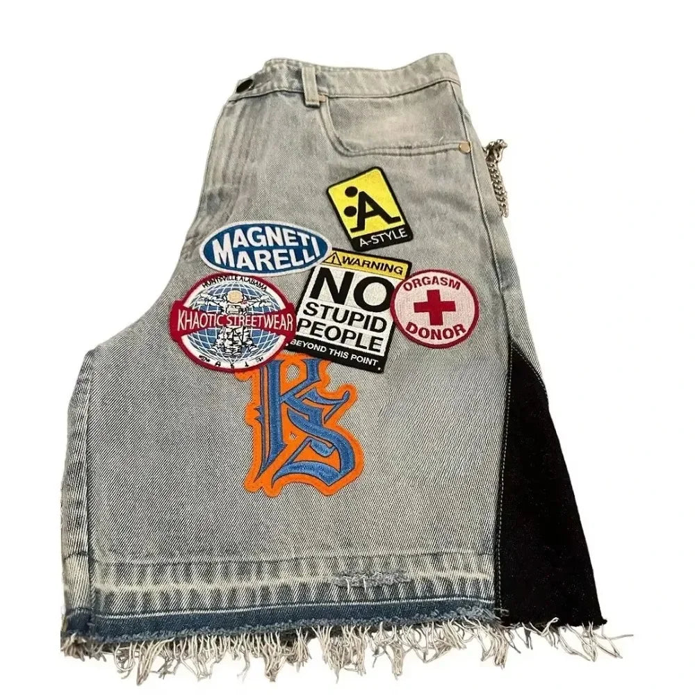 Retro Blue Patch Loose Low Rise Street Trend Denim  Men Women Hip Hop Fitness Casual Short Y2K Cartoon  Embroidery Pattern Jeans