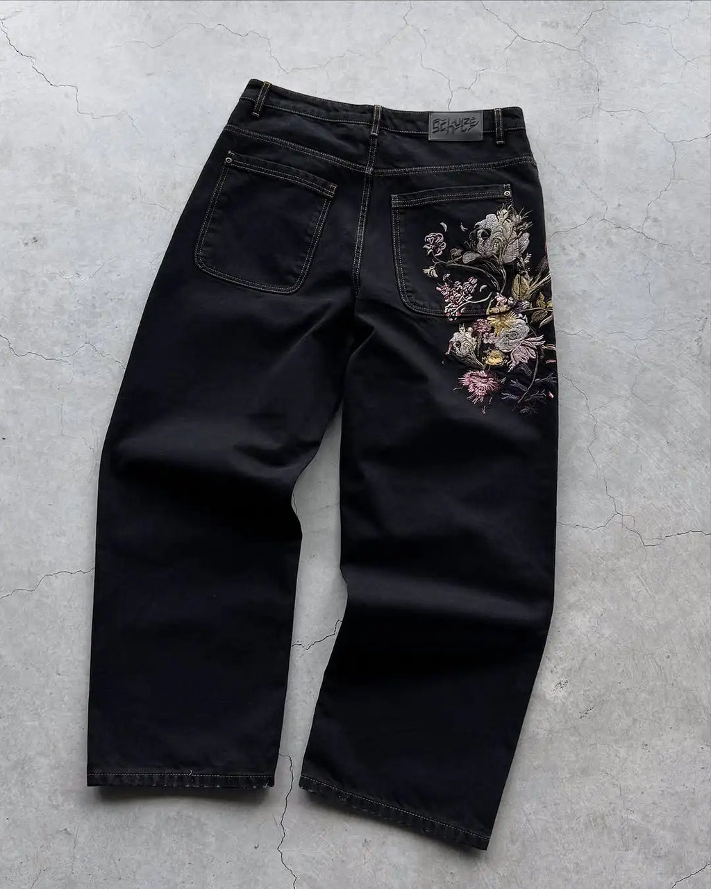 blossom embroidered pattern jeans Y2K loose men women zipper jeans wide leg pants Gothic Harajuku American style streetwear