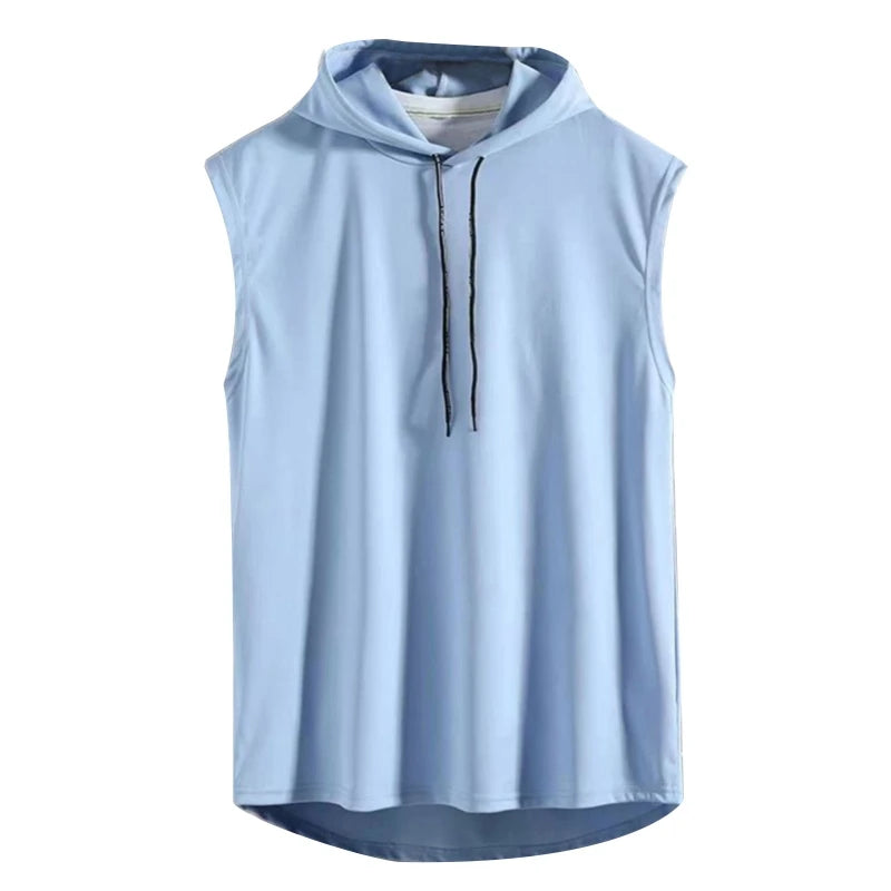 Mens Summer Sleeveless Drawstring Hooded for Tank Top Solid Color Gym Fitness Sports T-Shirt Hip Hop Loose Blouse Vest