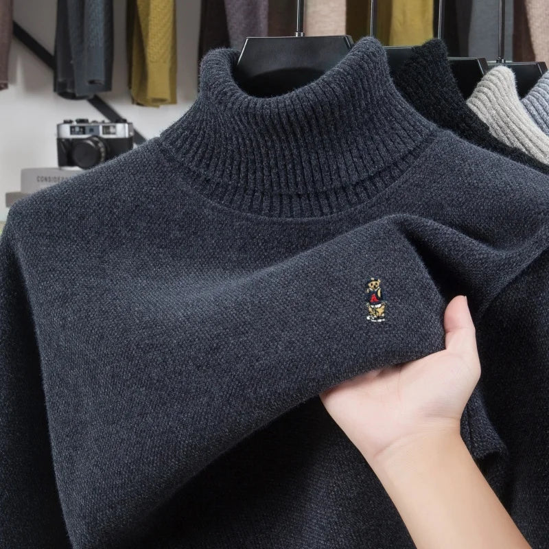 Brand cartoon bear embroidered high neck sweater luxury high end brand trend knit pullover casual warm plush comfort men's wear