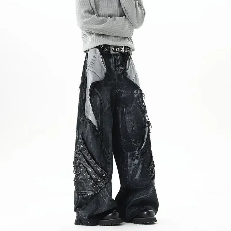 High Street Men's Denim Trousers Patchwork Contrast Color Drawstring Raw Edge Dirty-dying Worn-out Male Jeans New