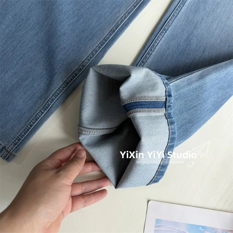 Summer Thin High Waist Slimming Bell Bottom Jeans Women's Fashion Korean Anime Leg Transformation Nine-Piece Micro Flared Denim