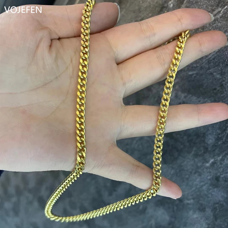 VOJEFEN Genuine 18K Gold Cuban Necklace Jewelry For Women/Men Fashion AU750 Pure Gold Chain Neck Choker Luxury Quality Jewel