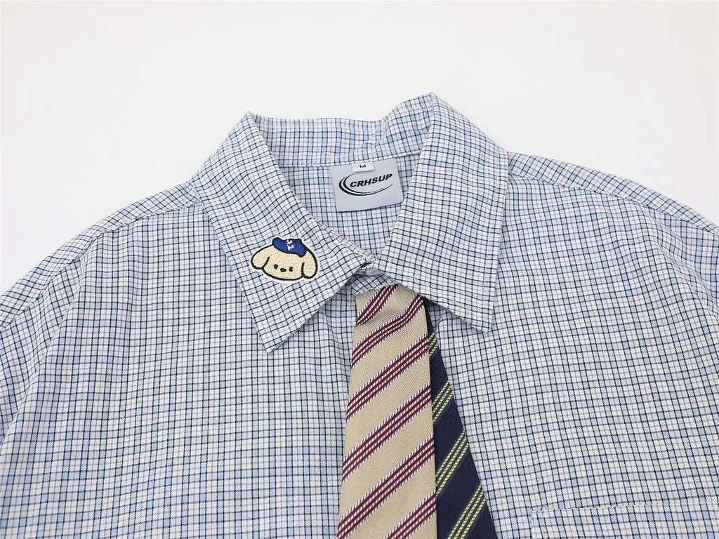 Retro Japanese Cartoon Dog Embroidery Plaid Double Collar Design Short Sleeve Cotton Shirt for Men And Women Couple Style Cas...