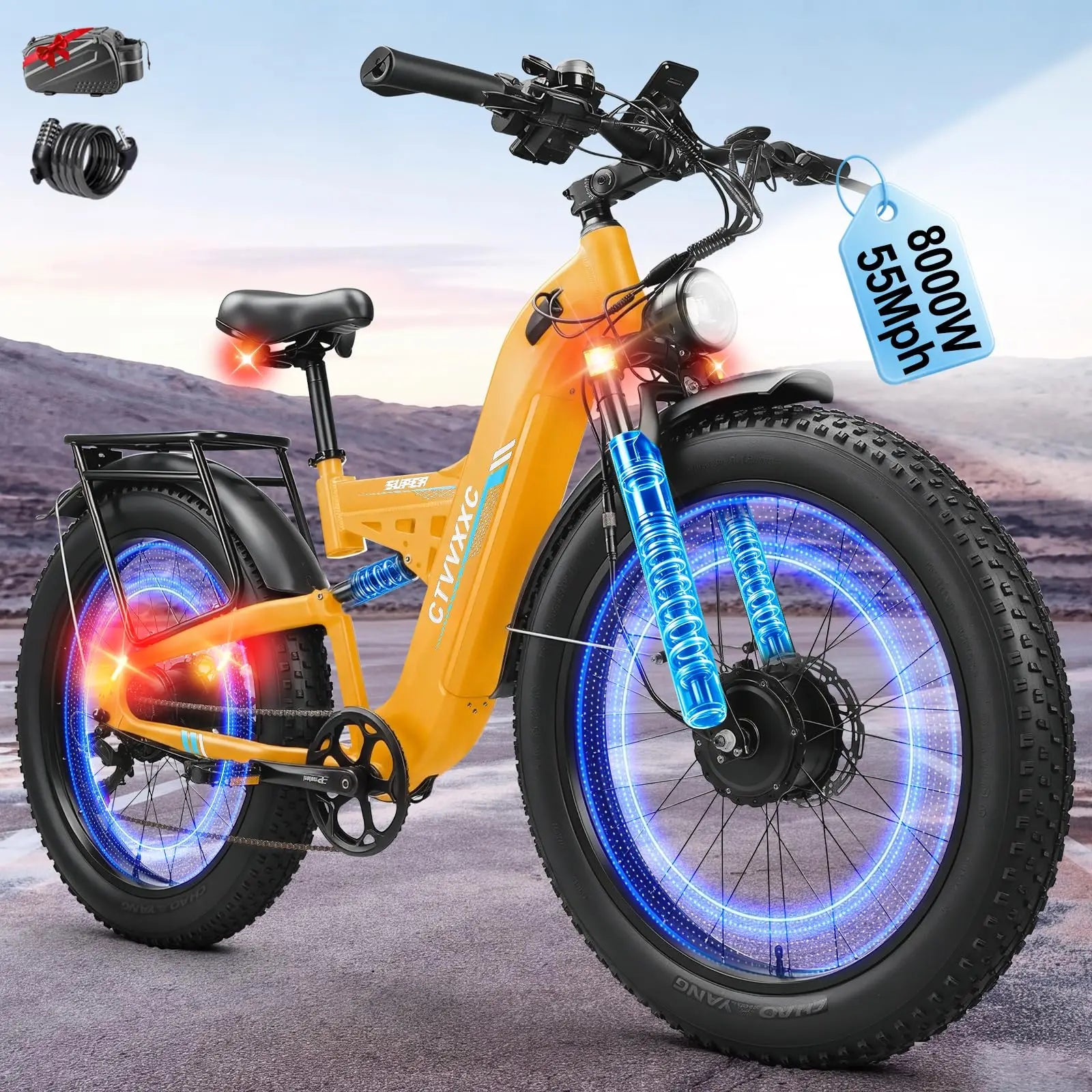 8000W Dual Motor Electric Bike for Adults, Ebike 55 MPH, 52V 30AH, E-Bike 120Miles, 26'' Fat Tire All Terrain E Bike for Men Wom