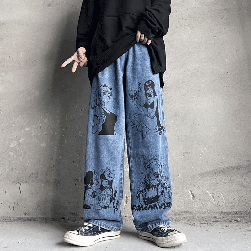 Washed Jeans Retro Harajuku Anime Cartoon Print Men Baggy Jeans Streetwear Hip Hop Tide Denim Pants Fashion Loose Wide Leg Pants