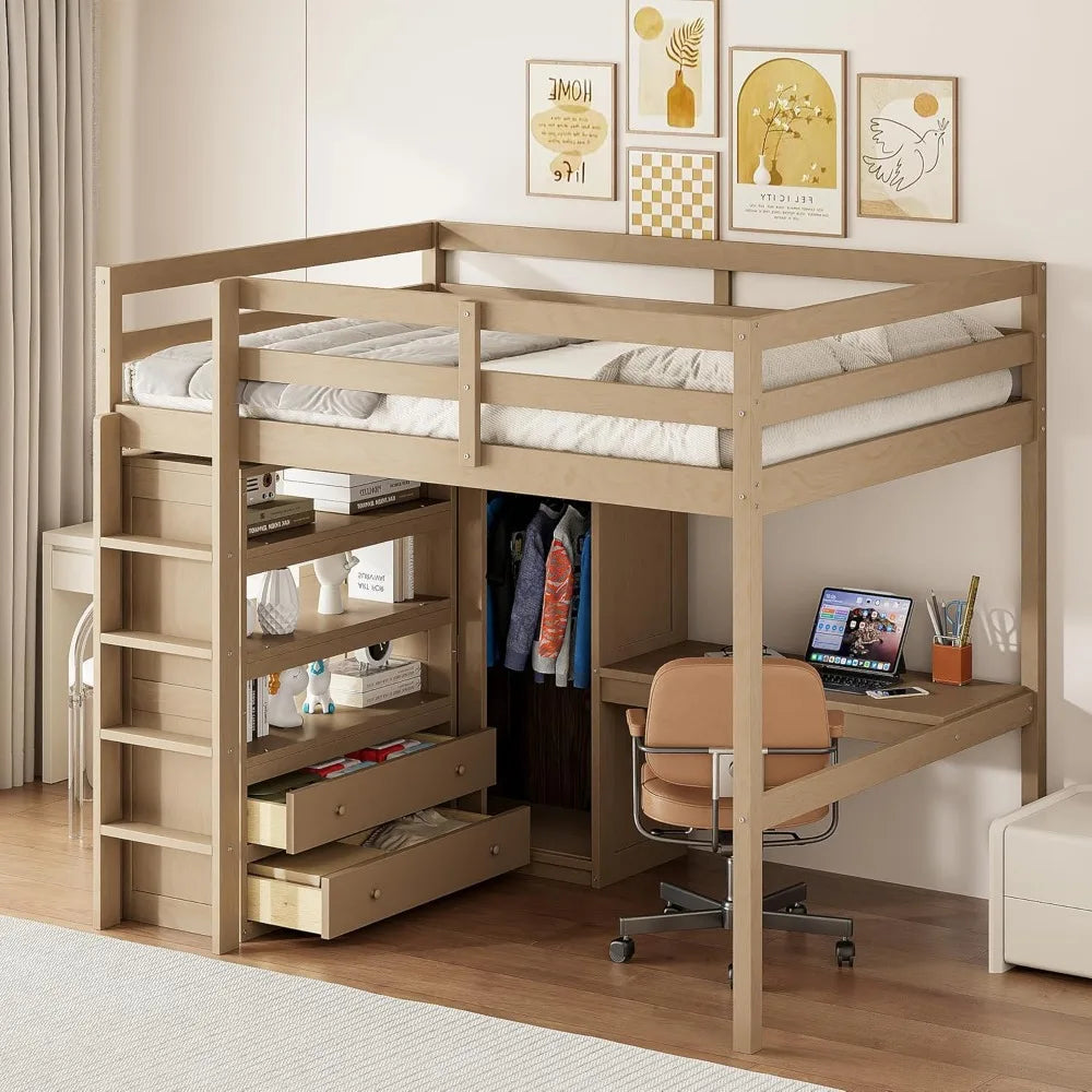 Full Size Loft Bed with Desk, Wardrobe, Drawers & Shelves - Space-Saving Wooden Frame for Kids Teens Adults