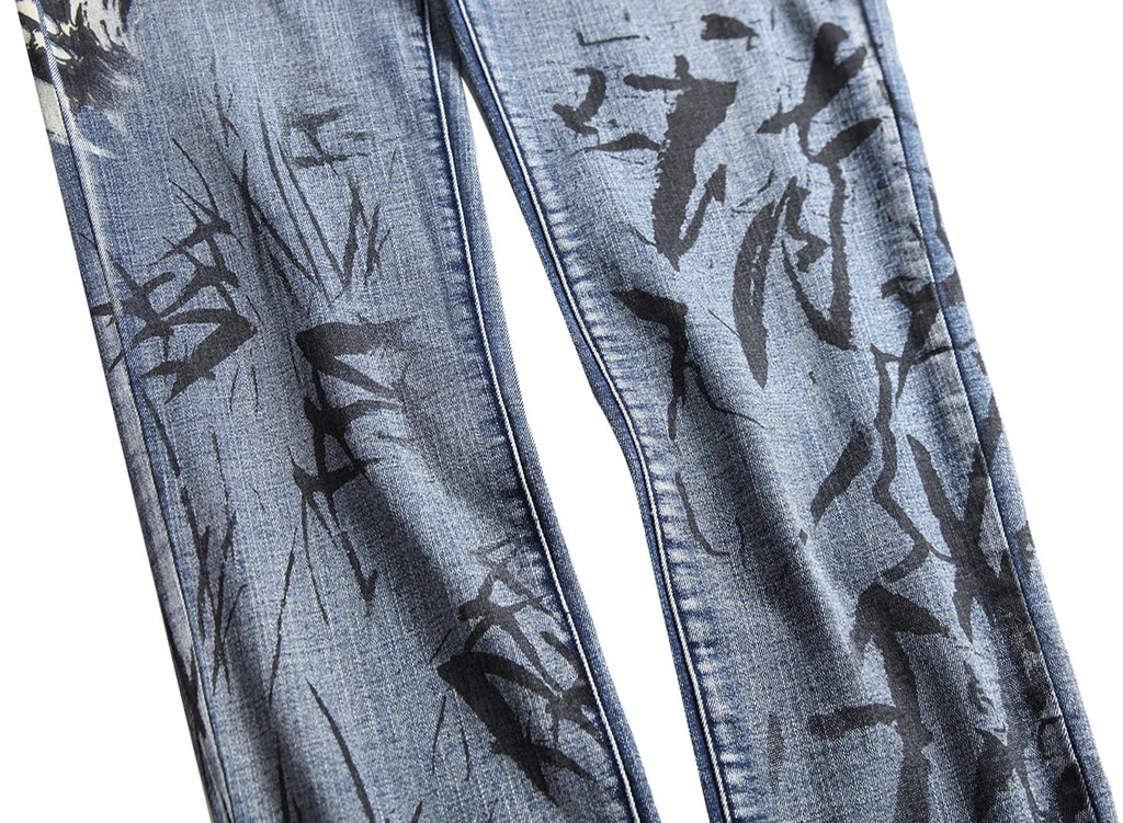 2026 Men's Blue 3D Printing Jeans, Black Wolf Pattern Printed Punk Straight Cotton Casual Print Denim Pants Asian Size 28-42