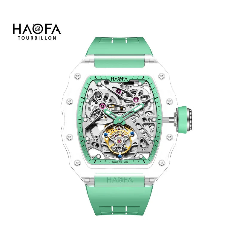 Haofa Automatic Tourbillon Skeleton Man watch Luxury Self Wind Flying Mechanical Tourbillon K9 Crystal Watches for man 2201