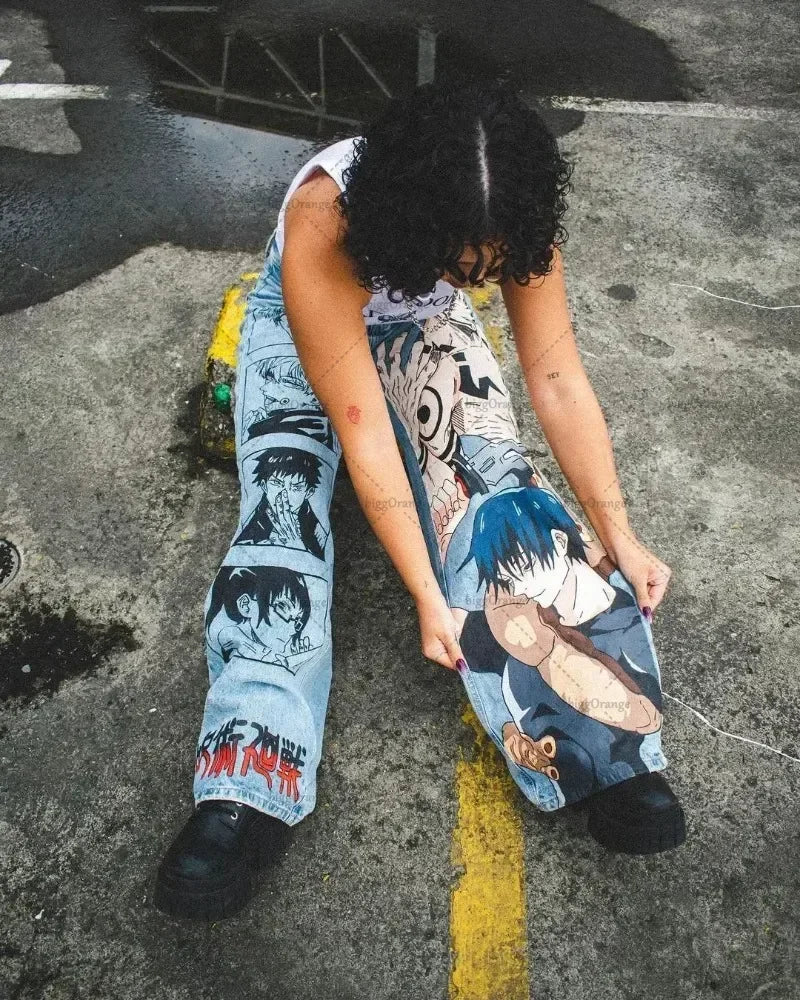 Hip Hop Y2K baggy jeans Anime  print pattern Vintage Streetwear fashion Harajuku men women high waisted Casual wide leg jeans