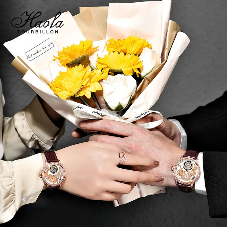 Haofa Couple Watch Luxury Tourbillon Watch Manual Movement Mechanical Wristwatch Sapphire Lovers Tourbillon Ladies Mens Watches