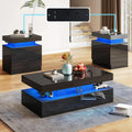 High Gloss 3 Pieces Living Room Table Set, Modern LED Coffee Table Sets of 3, 2-Tier Center Table with 2 End Side Tables, White