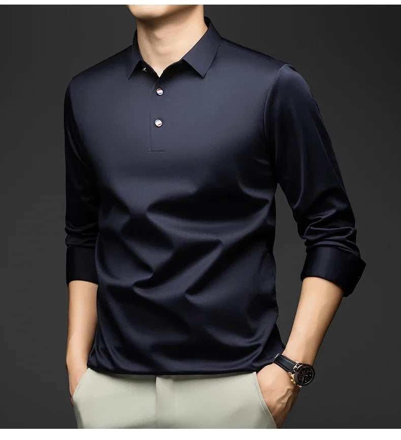 BROWON 2025 Spring Autumn Casual Work Tops Man Tshirt Long Sleeve Solid Color Soft Elegant Business Mulberry Silk T Shirt Man