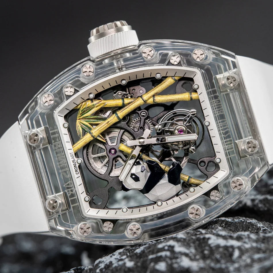 CRONUSART Men Tourbillon Watch 50mm*42mm Tonneau Sapphire Case Mechanical Wristwatch Fluororubber Strap Skeleton Panda Dial