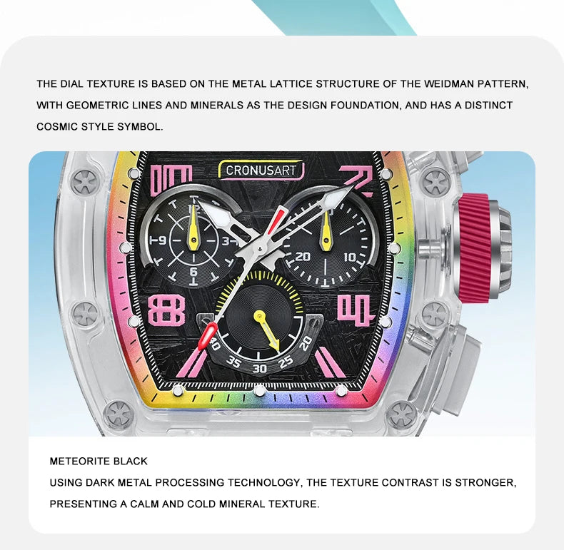 CRONUSART Men Automatic Watch 50mm Tonneau Chronograph Mechanical Wristwatch 5ATM Luminous Sapphire Case & Mirror Meteorite Dial