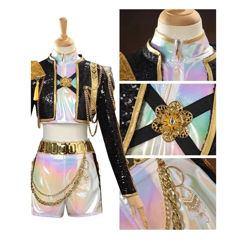 Kpop  Magic Girl Cosplay Costume Children Adults Anime Mila Performance Black Gold Costume Full Set for Halloween