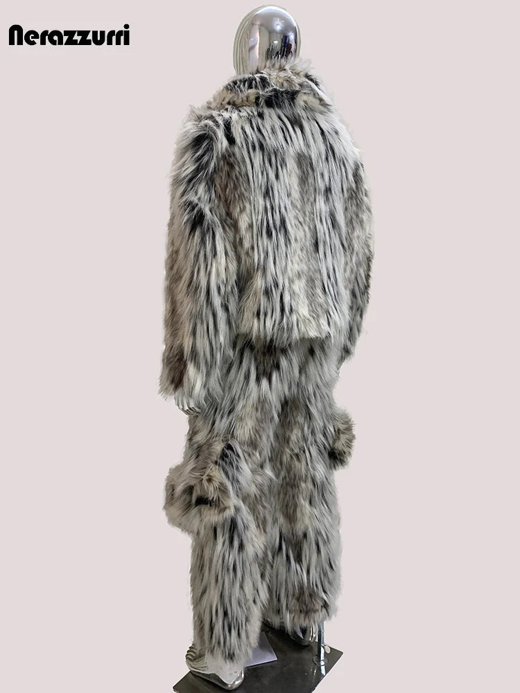 Mauroicardi Winter Long Colorful Multicolored Thick Warm Hairy Fluffy Faux Fur Wide Leg Pants Men Runway Fashion Streetwear 2025