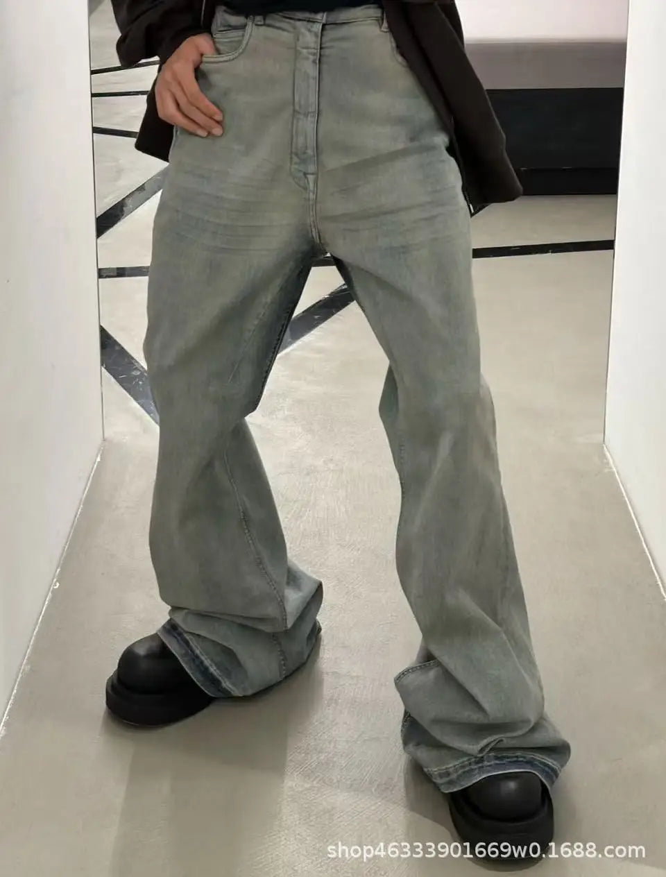 Rick RO Vintage Washed Wide Leg Skinny Jeans with Built-Up Floor-Length and Distressed Details and Cat-Fur Style Denim Pants