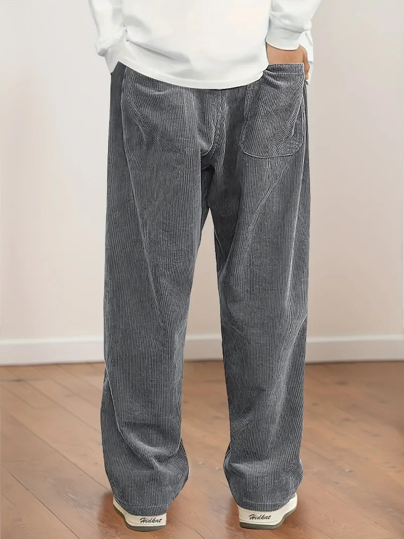 Women's Corduroy Pants Texture Straight-Leg Trousers with Drawstring Waist & White Piping - All-Season Casual to Semi-Formal