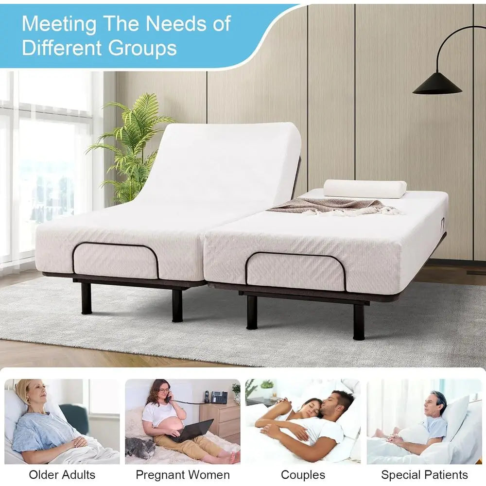 Ergonomic Split King Adjustable Bed Base with Massage, Wireless Remote, LED Light, USB Ports, Easy Assembly